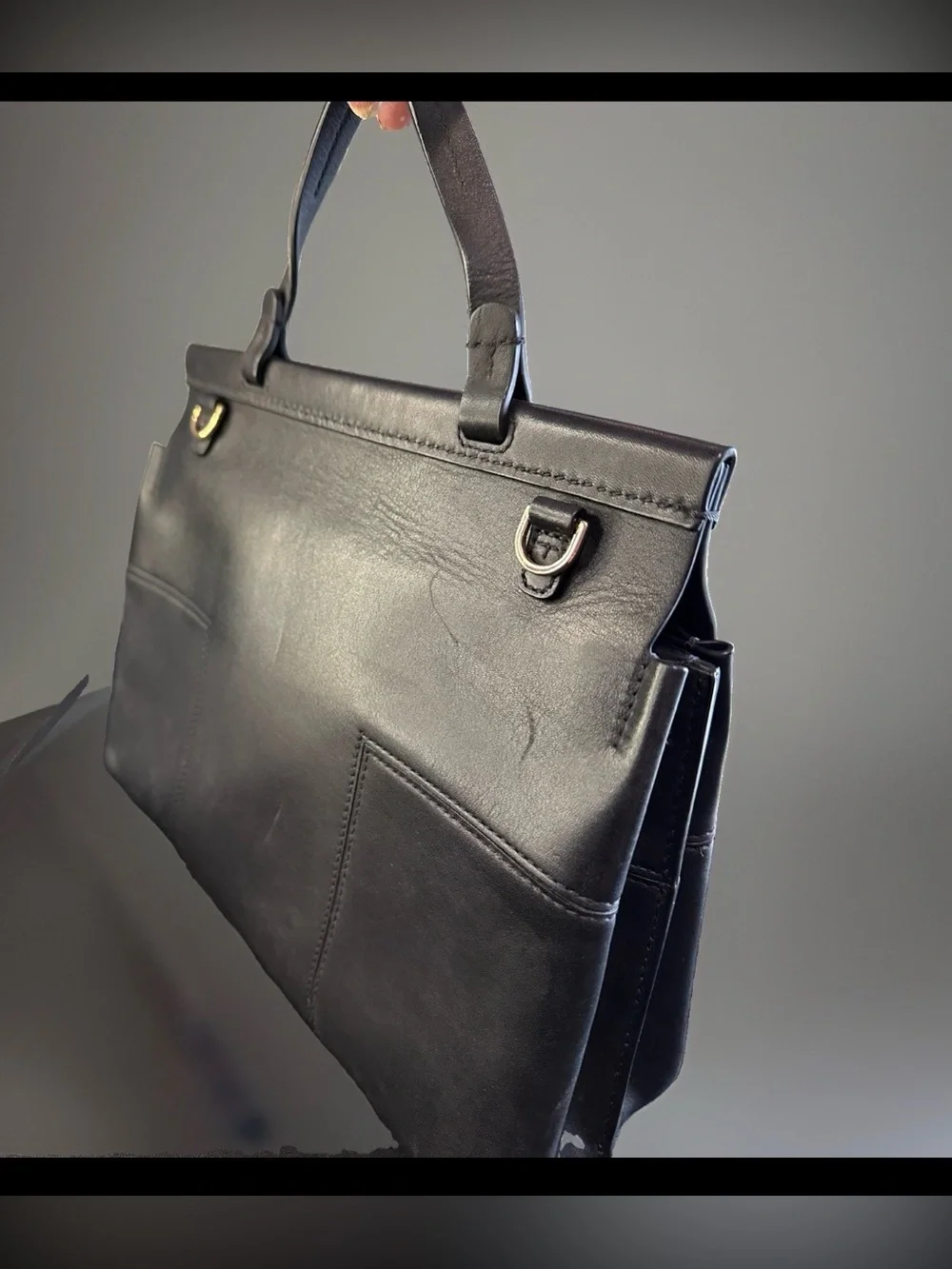 TORY BURCH Black Smooth Leather Block T Satchel Bag With Strap